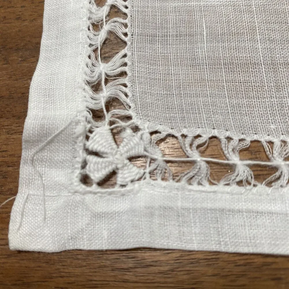 Vintage Set of 4 Sheer White Fine Linen Cocktail Napkins Cutwork Detail Handwork
